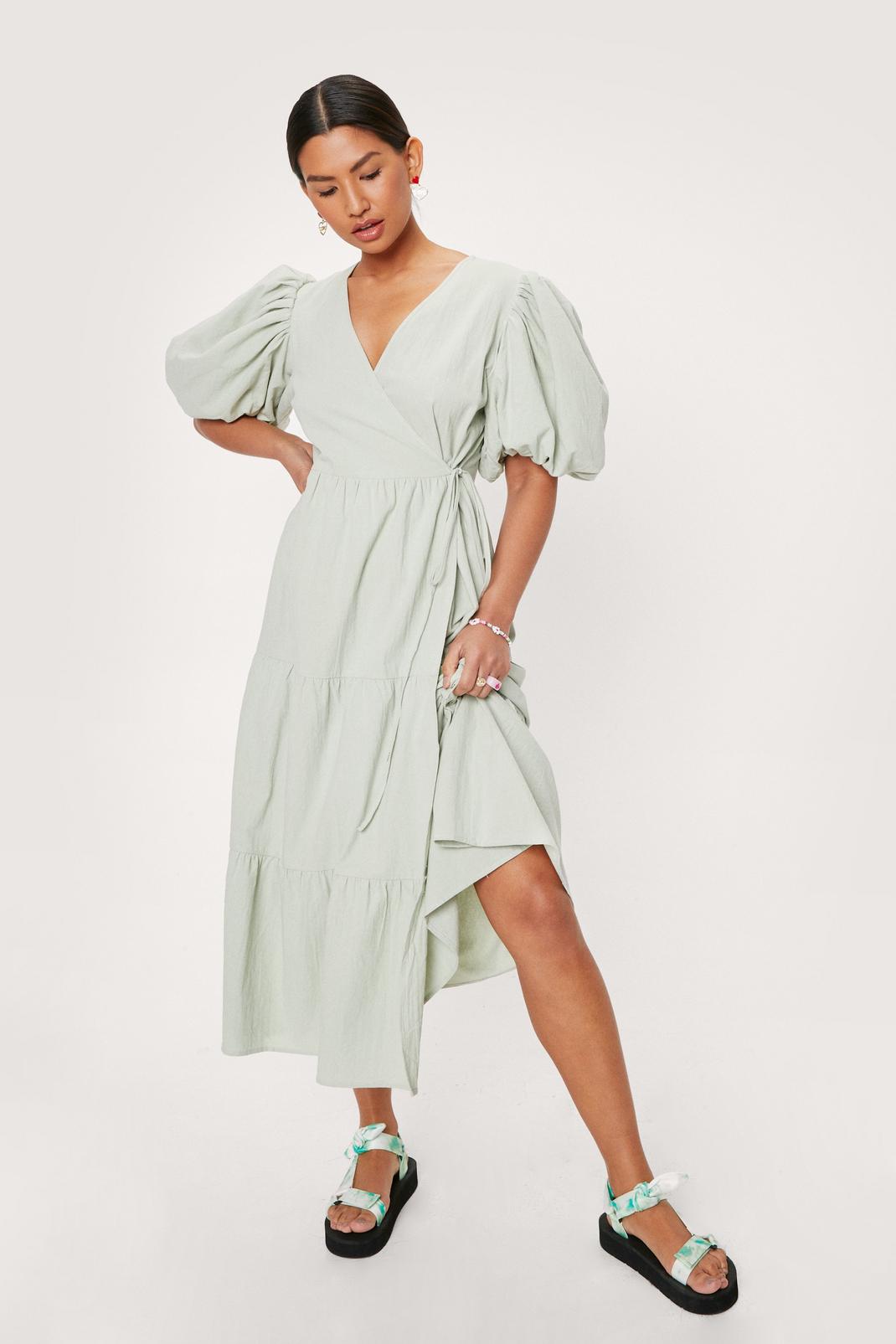 Sage Linen Look Puff Sleeve Wrap Midi Dress image number 1