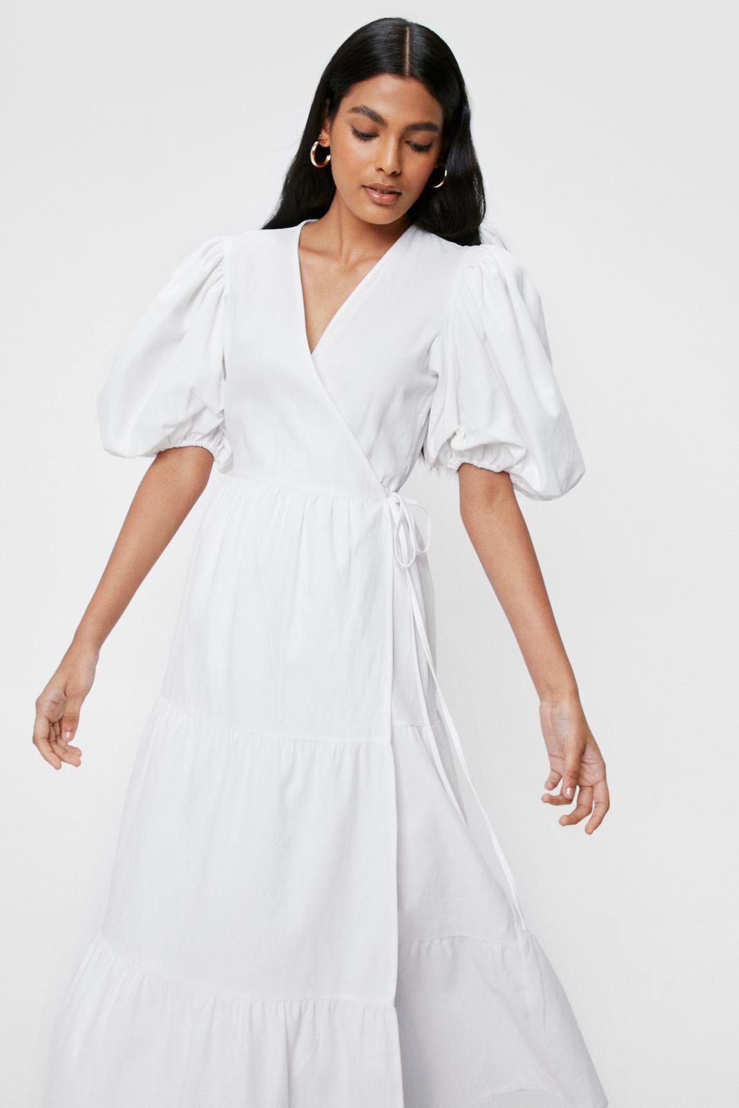 White Linen Look Puff Sleeve Wrap Midi Dress image number 1