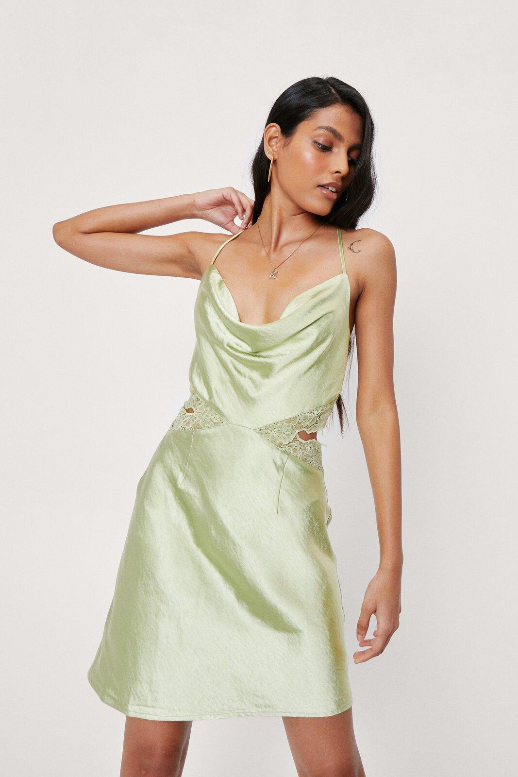 green satin cowl neck shift dress