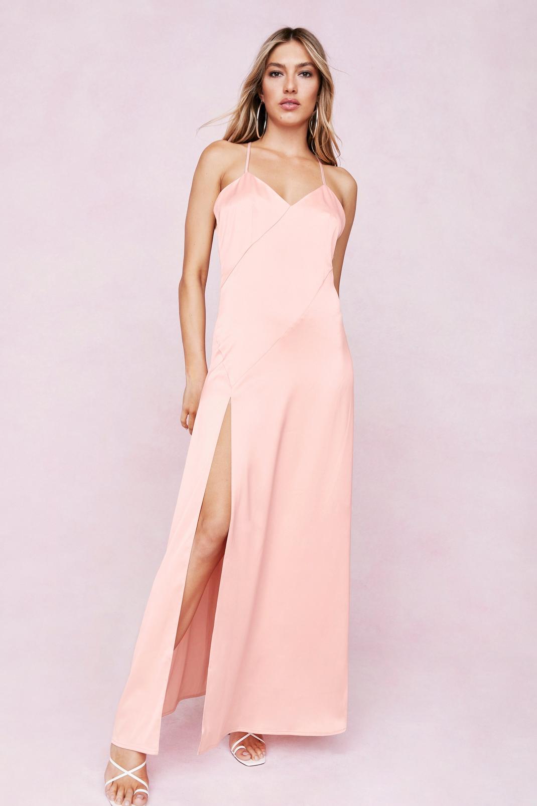 Peach Strappy Satin Slit Maxi Dress image number 1