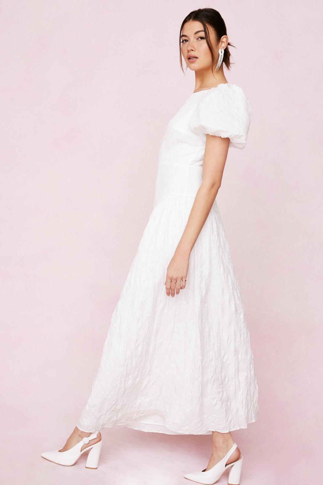 White Bridal Crinkle Puff Sleeve Maxi Dress image number 1