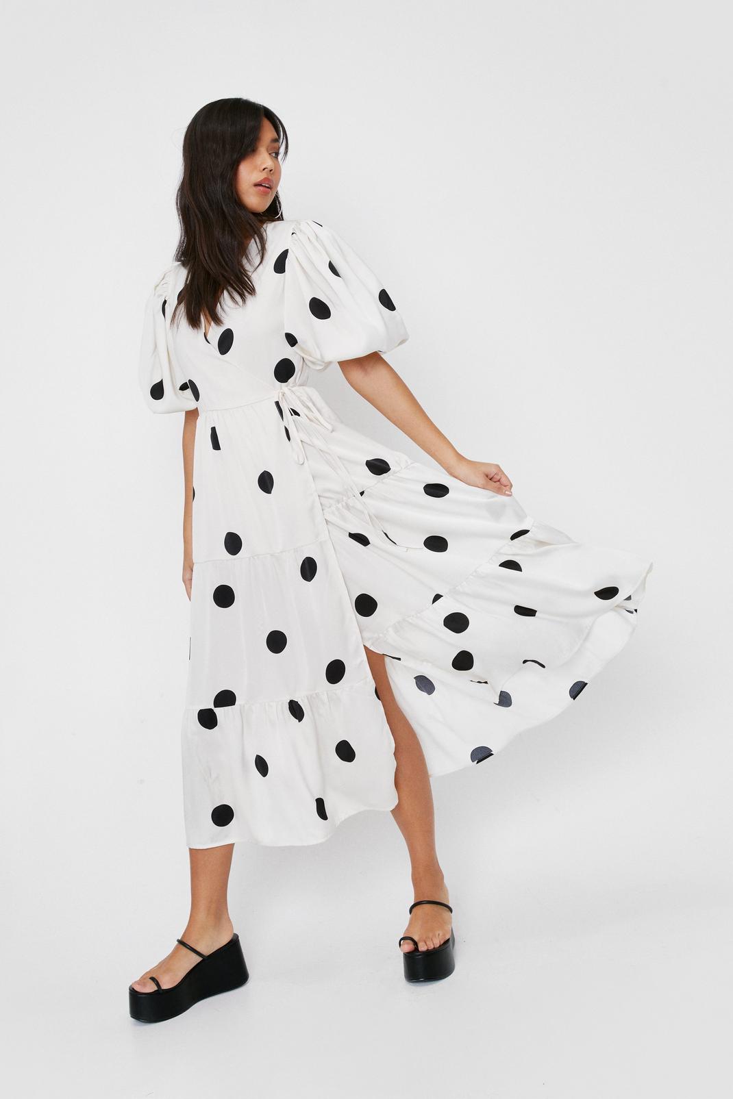 White Polka Dot Wrap Midi Dress image number 1