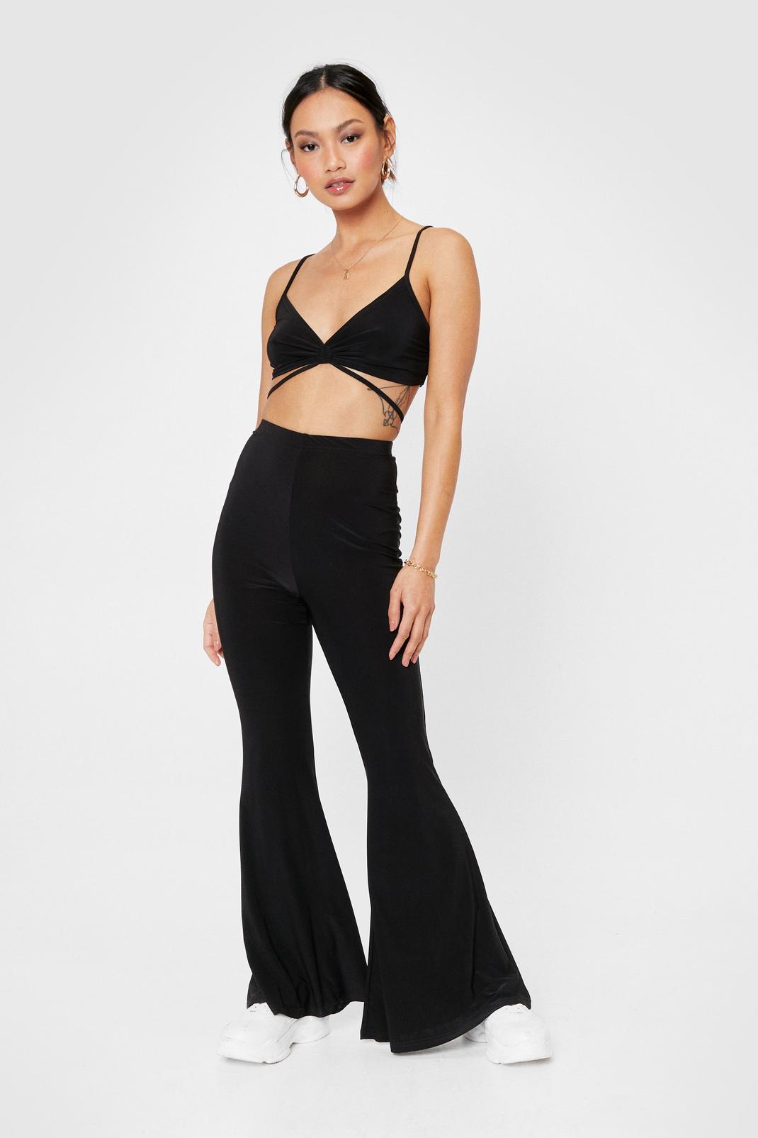 Black Petite High Waisted Ruched Flared Pants image number 1