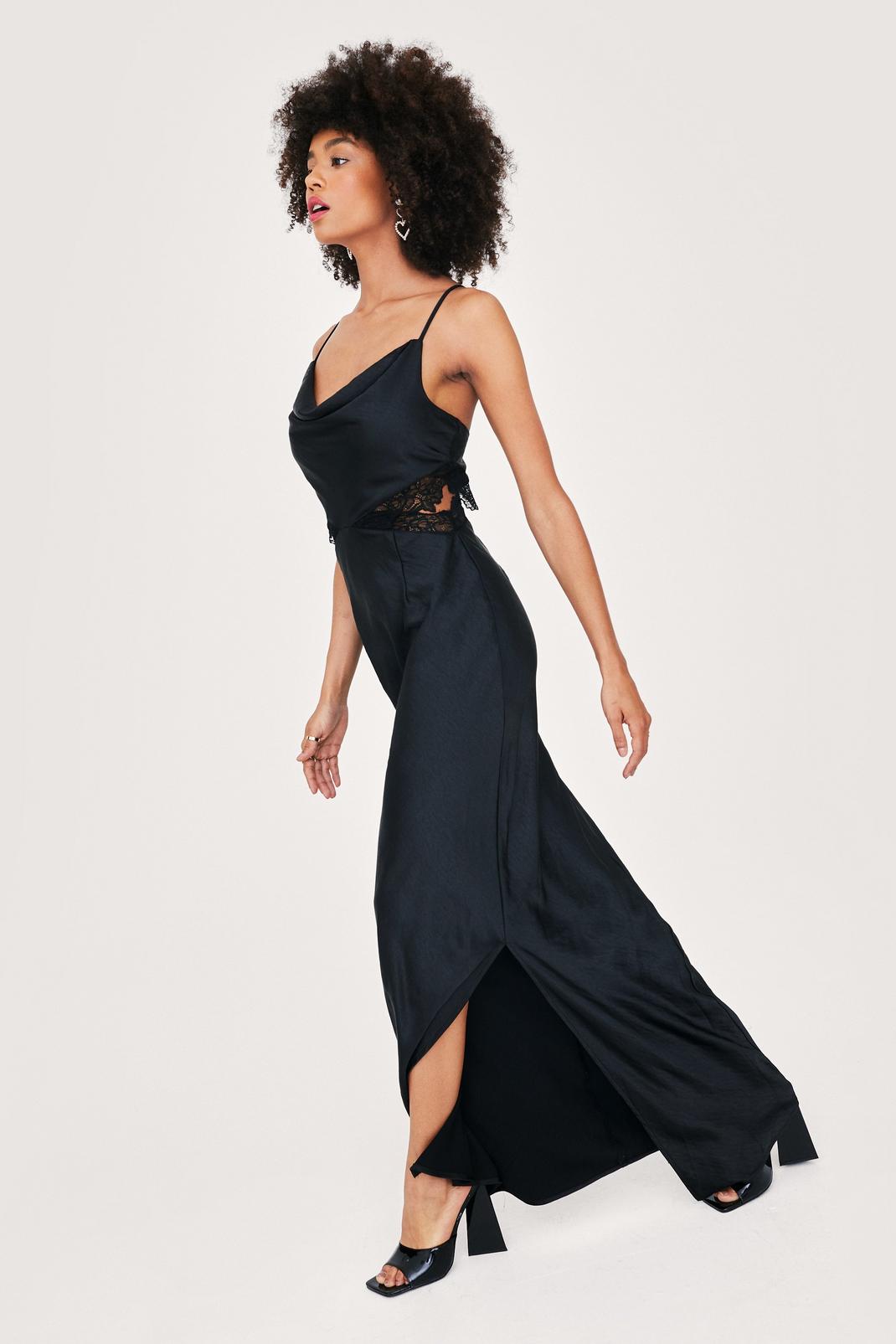 Black Bridal Lace Insert Cowl Neck Maxi Dress image number 1