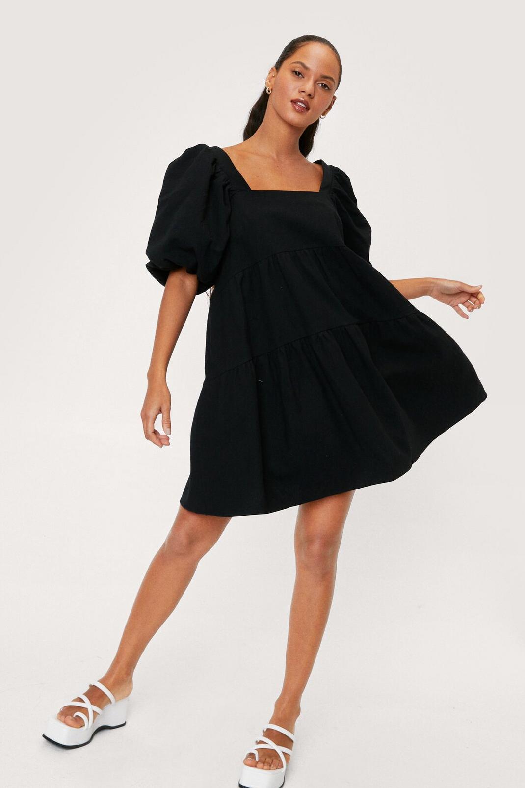Black Linen Look Puff Sleeve Smock Mini Dress image number 1