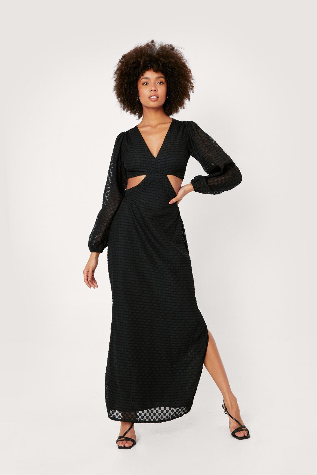 Black Polka Dot Jacquard Cut Out Maxi Dress image number 1