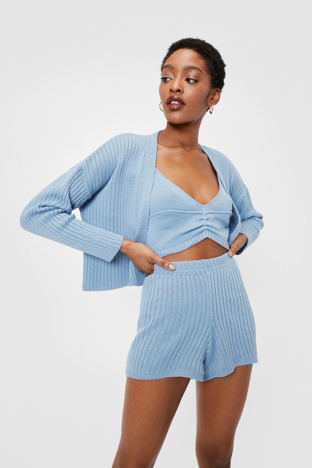 Dusty blue Knit 3-Pc Cardigan and Short Lounge Set image number 1
