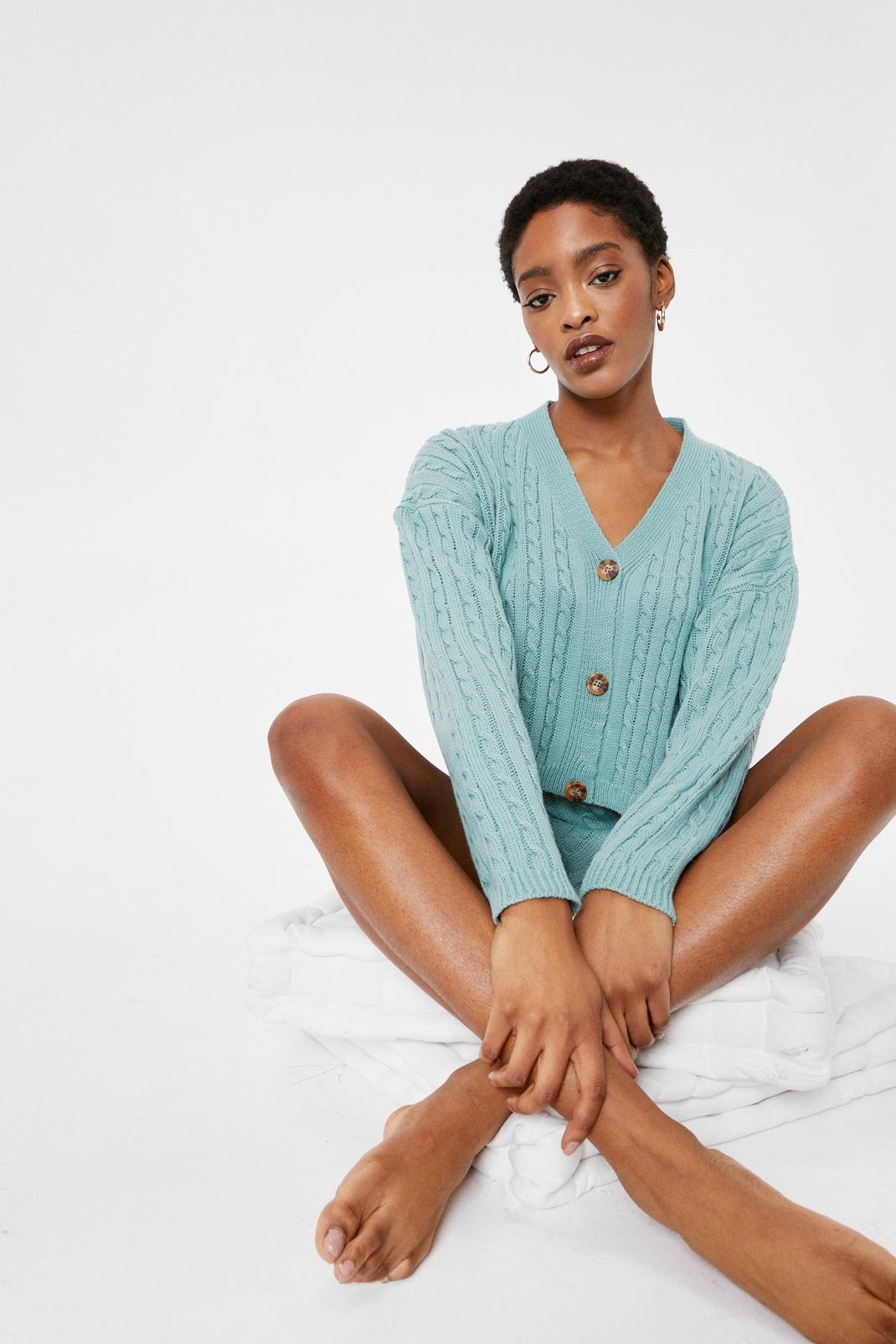 Sage Knitted Cardigan And Shorts Lounge Set image number 1