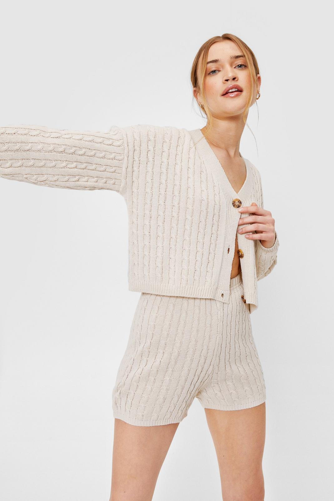 Stone Knitted Cardigan And Shorts Lounge Set image number 1