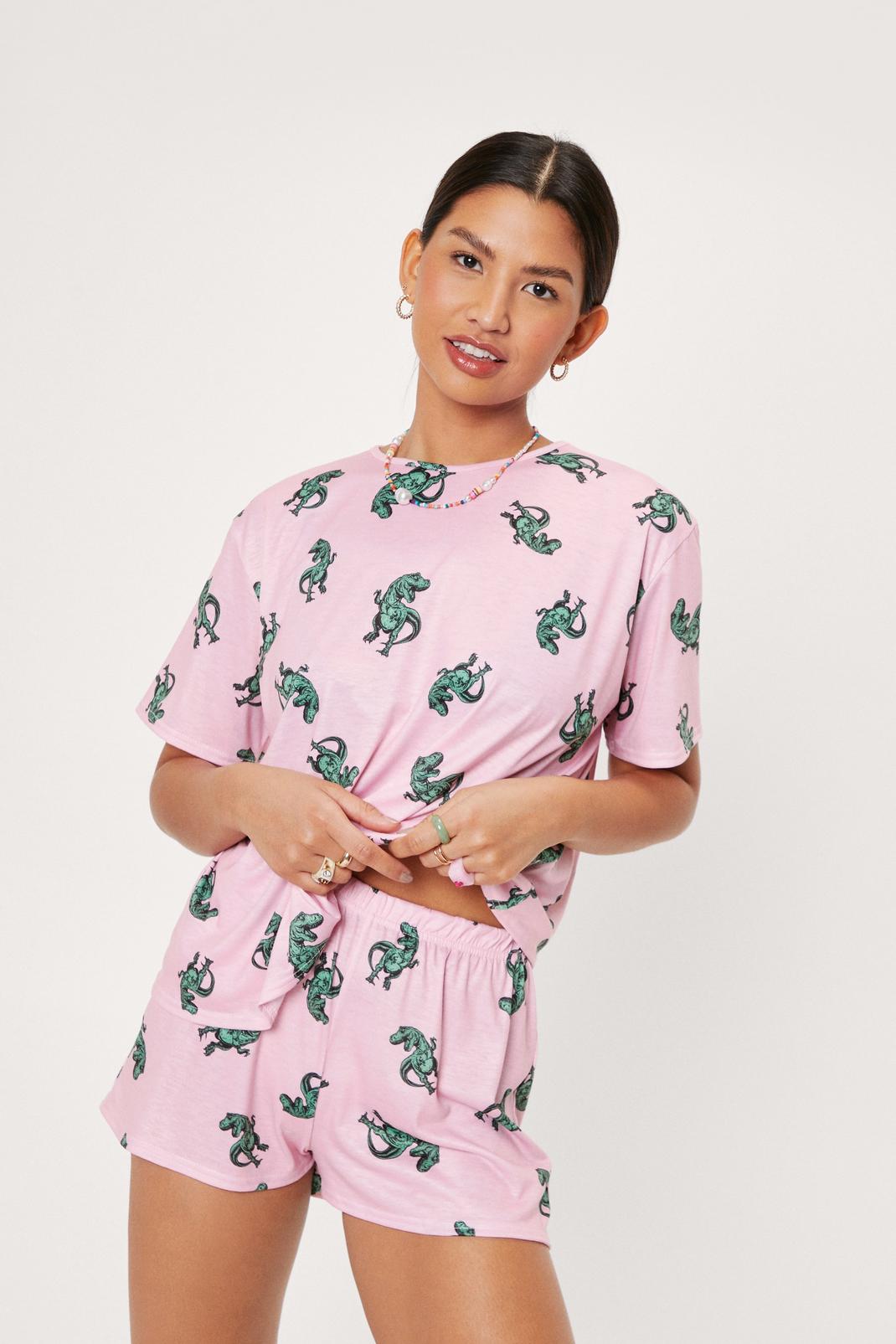 Pink Dinosaur T-Shirt and Shorts Pajama Set image number 1