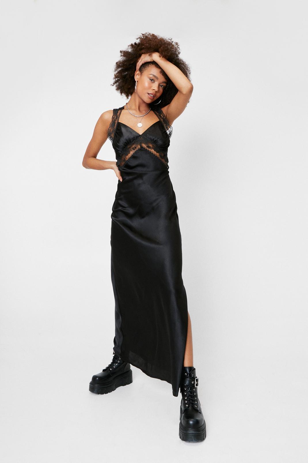 Black Satin Lace Insert Slip Maxi Dress image number 1