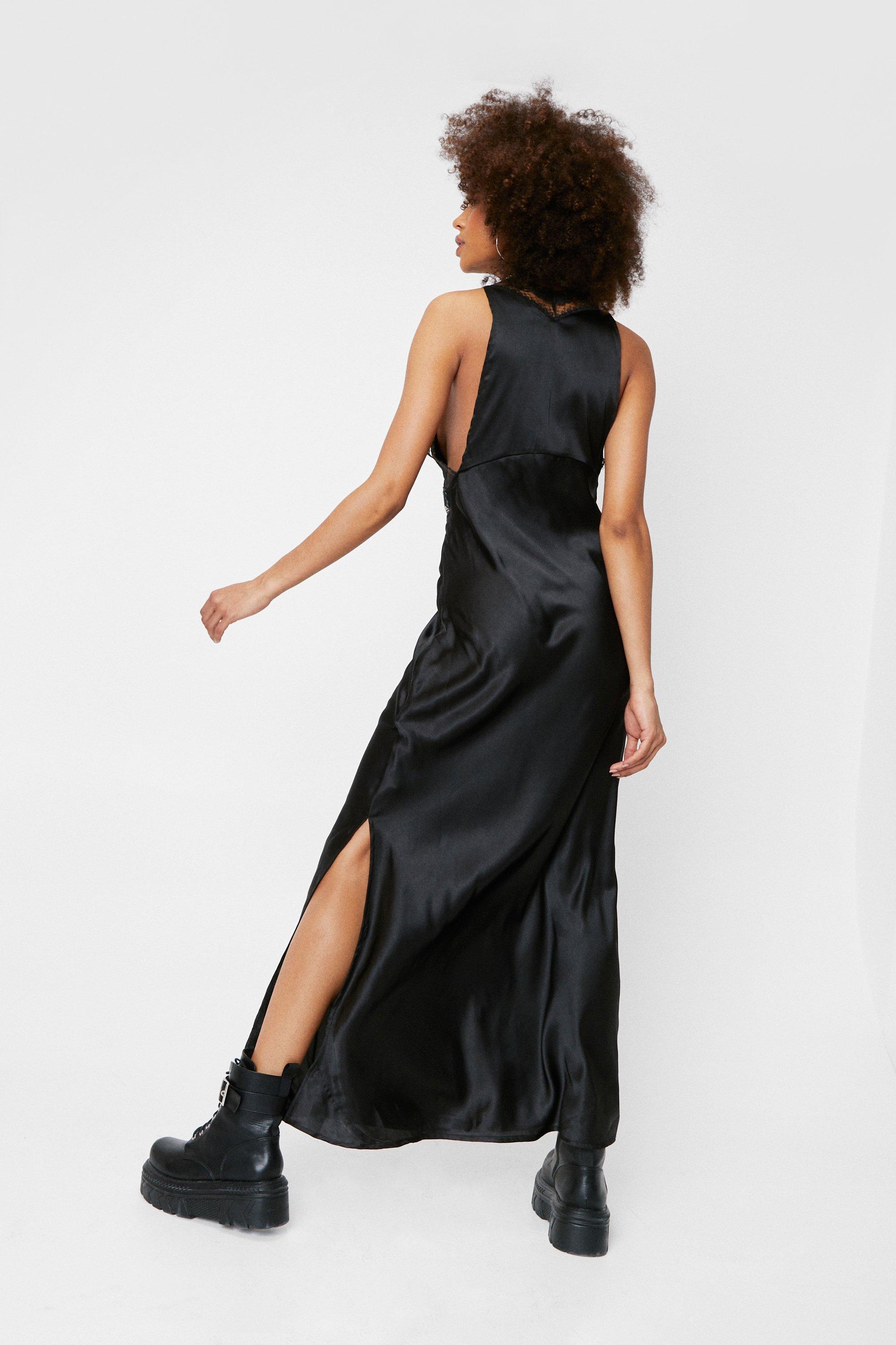 ASOS DESIGN lace insert satin midi slip dress in black