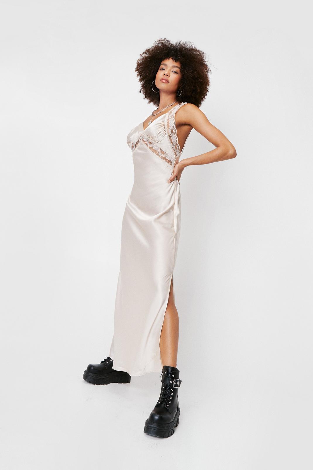 Champagne Satin Lace Insert Slip Maxi Dress image number 1