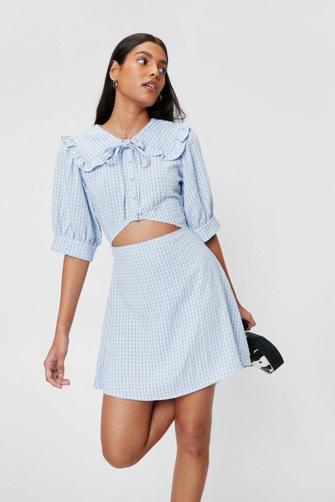 Baby blue Check Cut Out Puff Sleeve Mini Dress image number 1