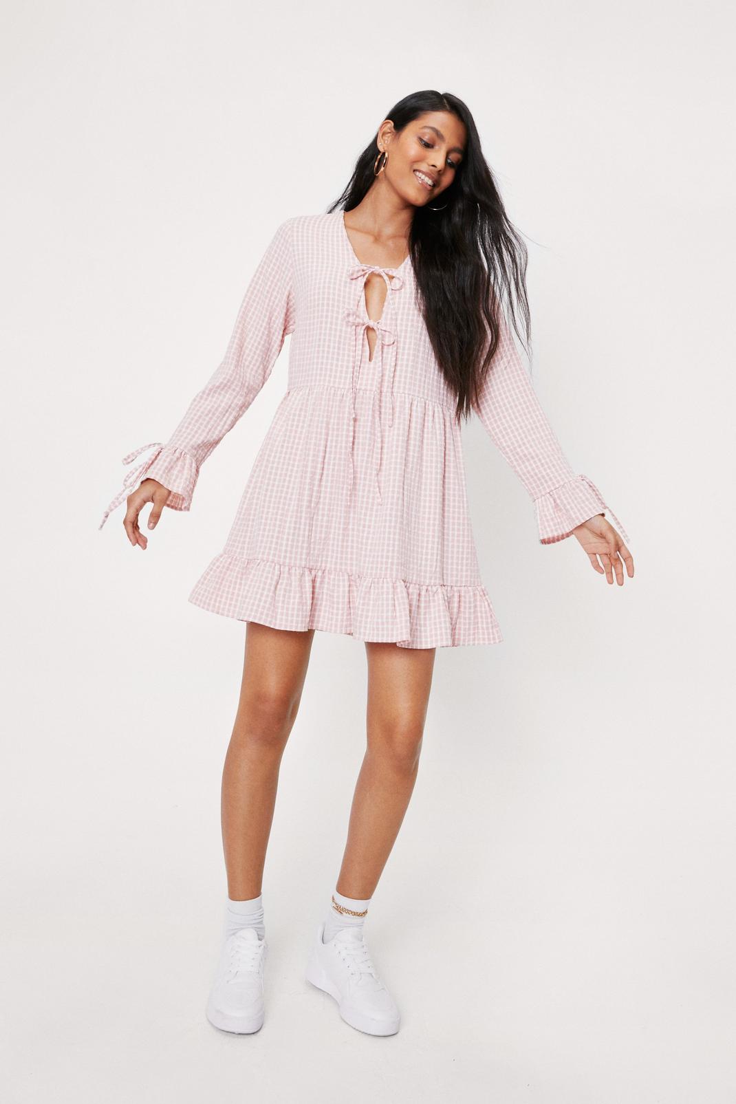 Pink Gingham Long Sleeve Tie Front Mini Dress image number 1