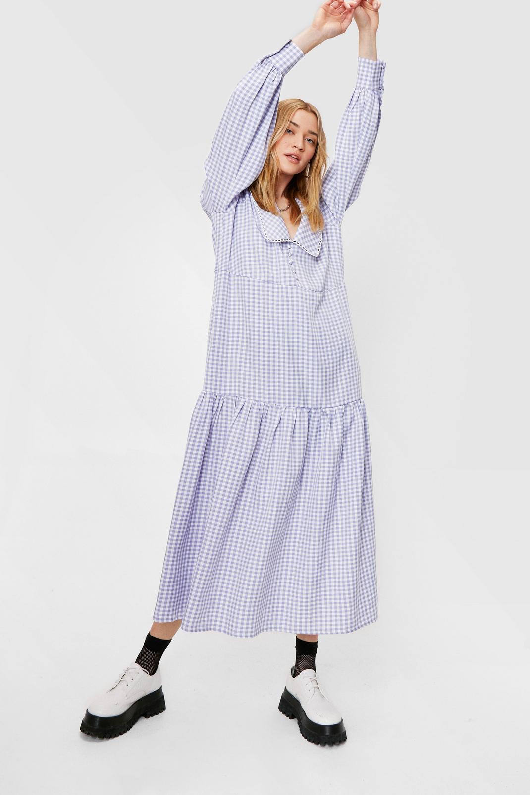 Lilac Gingham Print Long Sleeve Maxi Dress image number 1