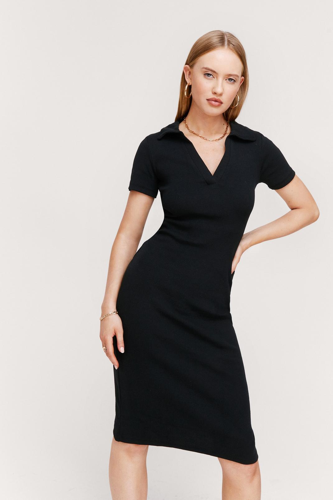 Black Ribbed Short Sleeve V Neck Midi Dress image number 1