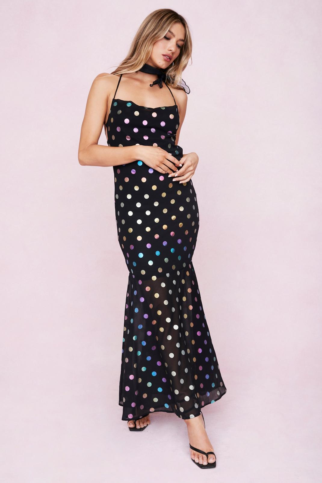 105 Strappy Metallic Polka Dot Print Maxi Dress image number 2