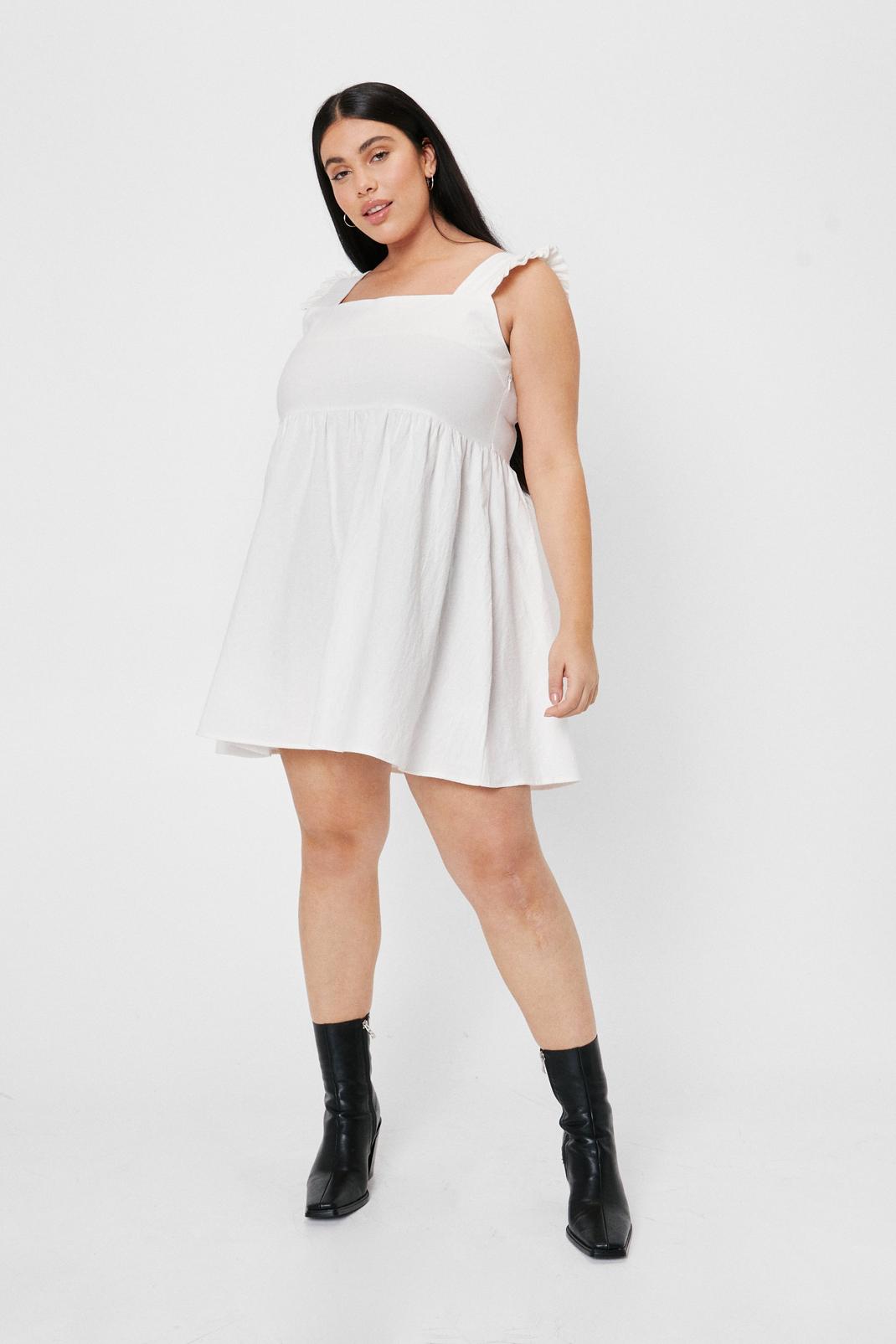 White Plus Size Linen Look Ruffle Mini Dress image number 1