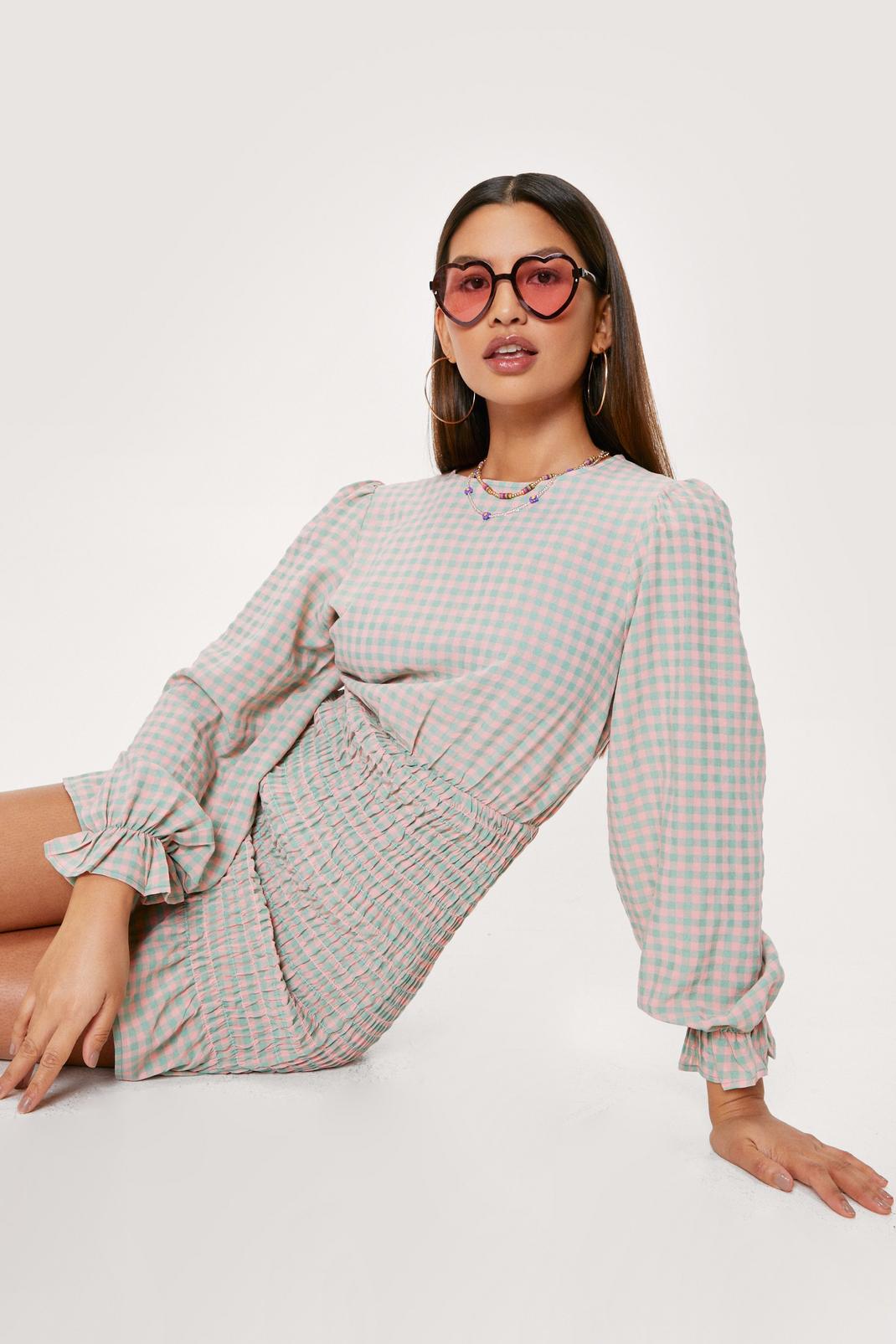 Candy pink Gingham Long Sleeve Shirred Mini Dress image number 1