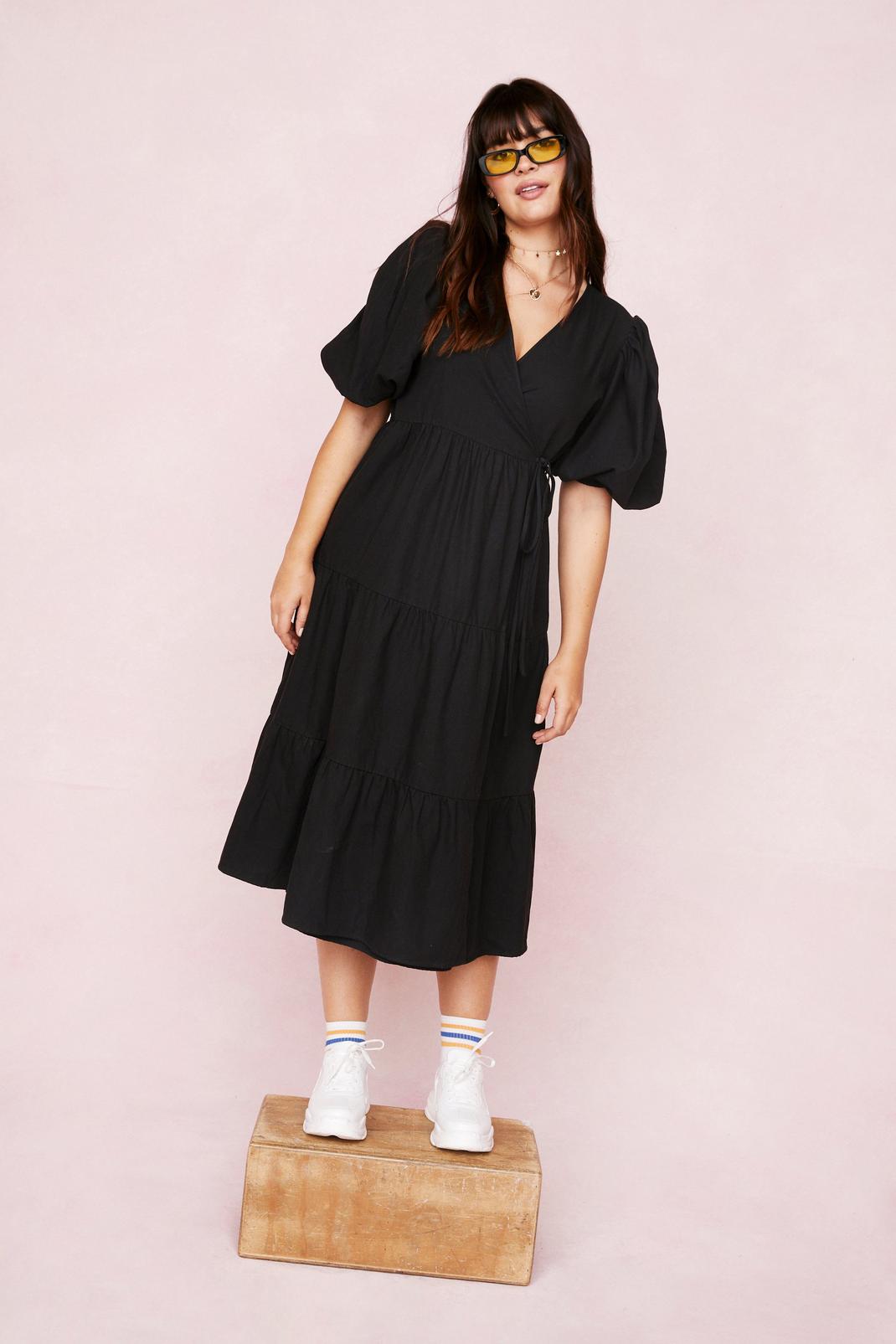 Black Plus Size Puff Sleeve Wrap Smock Midi Dress image number 1