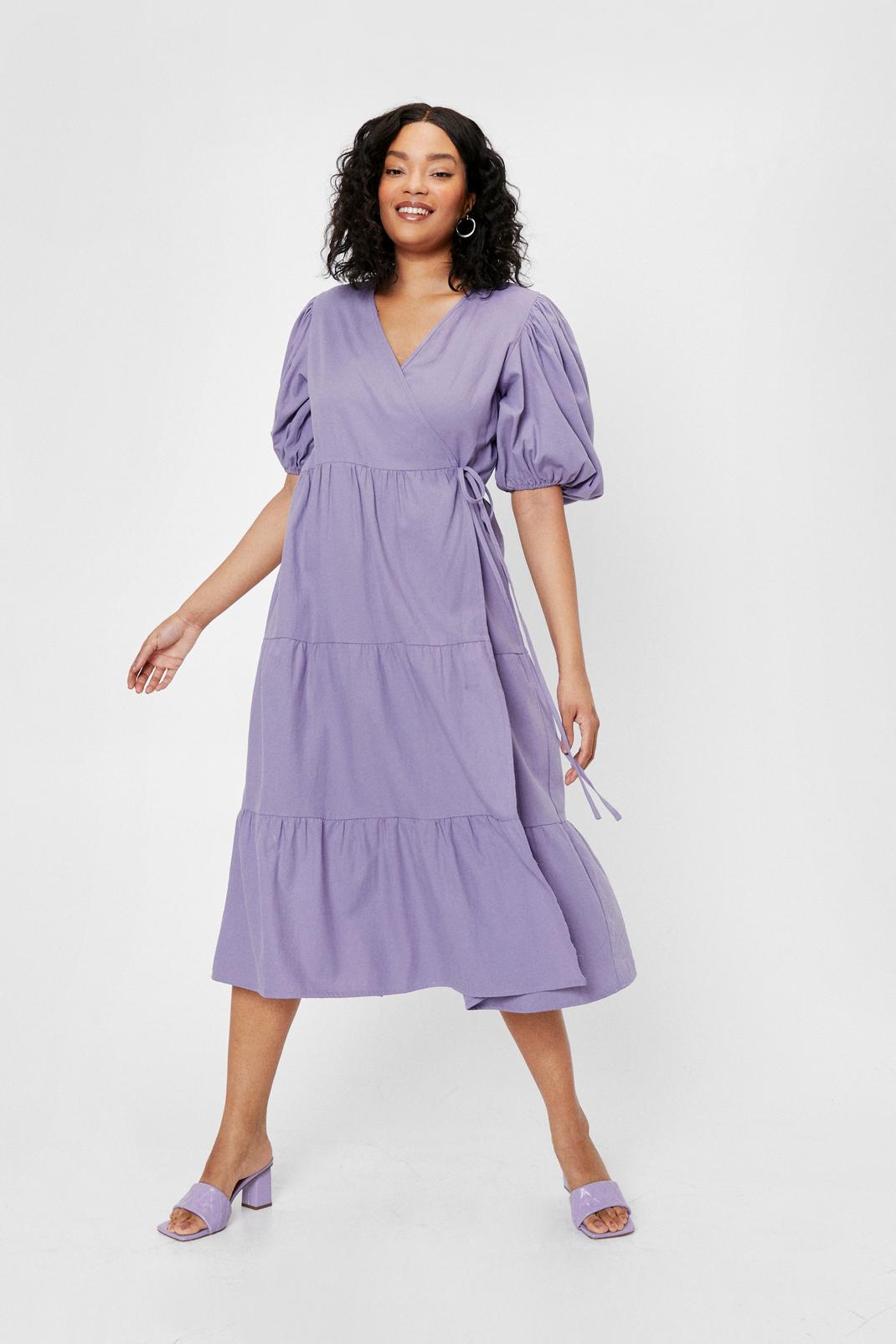 Purple Plus Size Puff Sleeve Wrap Smock Midi Dress image number 1