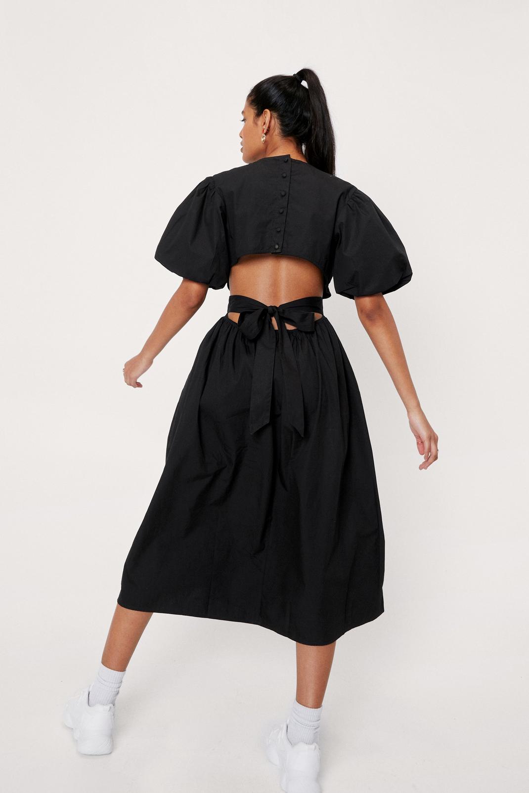 Black Open Back Puff Sleeve Midi Dress image number 1