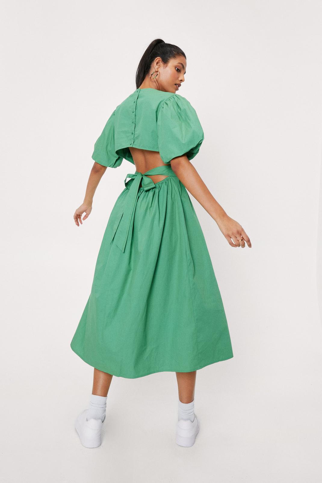 Bright green Open Back Puff Sleeve Midi Dress image number 1