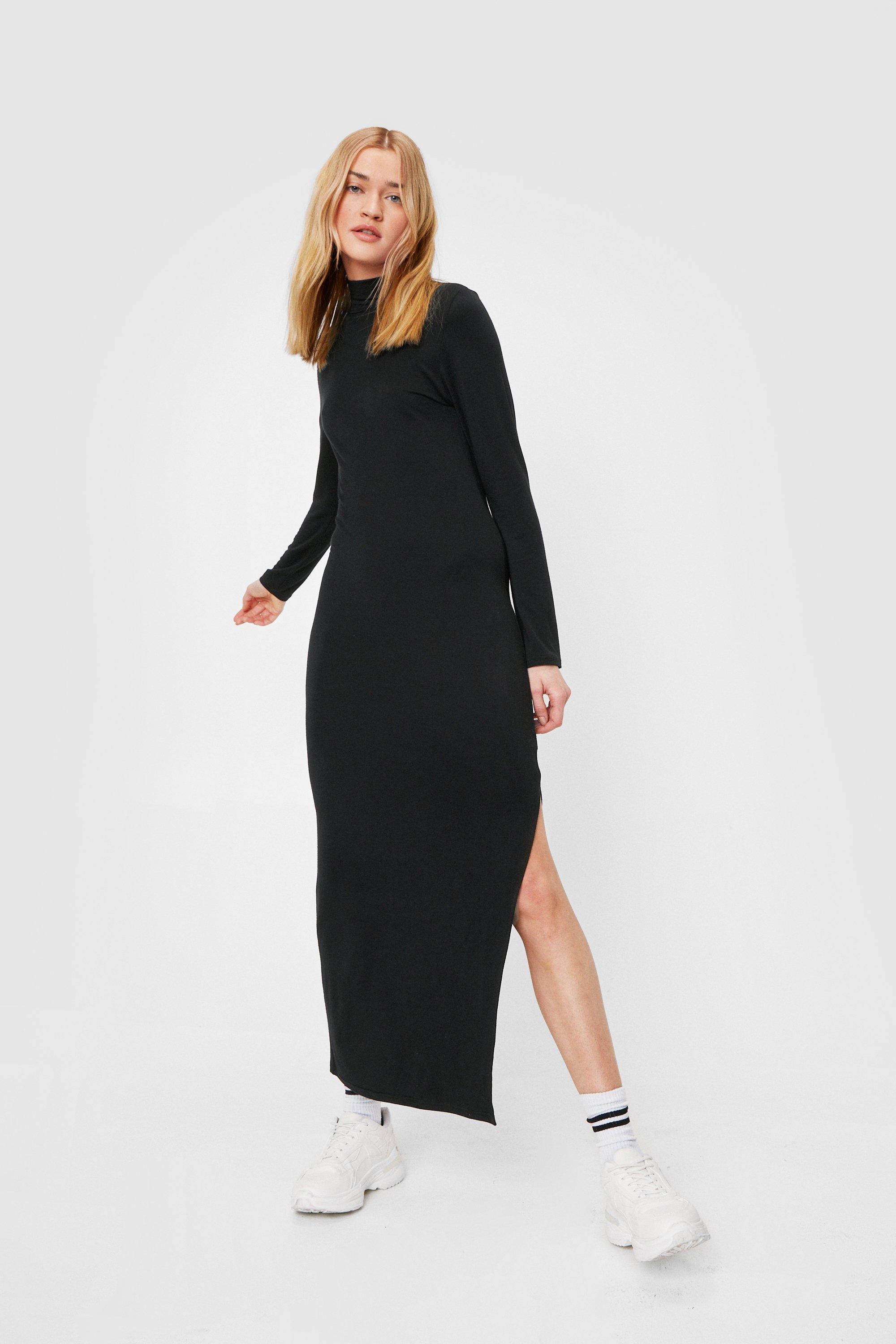 High Neck Bodycon Slit Midi Dress
