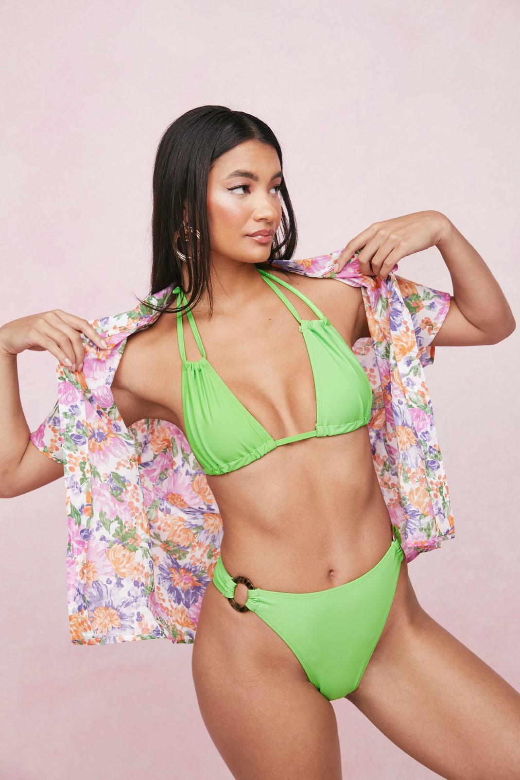 Bright green Strappy Ruched Triangle Bikini Set image number 1