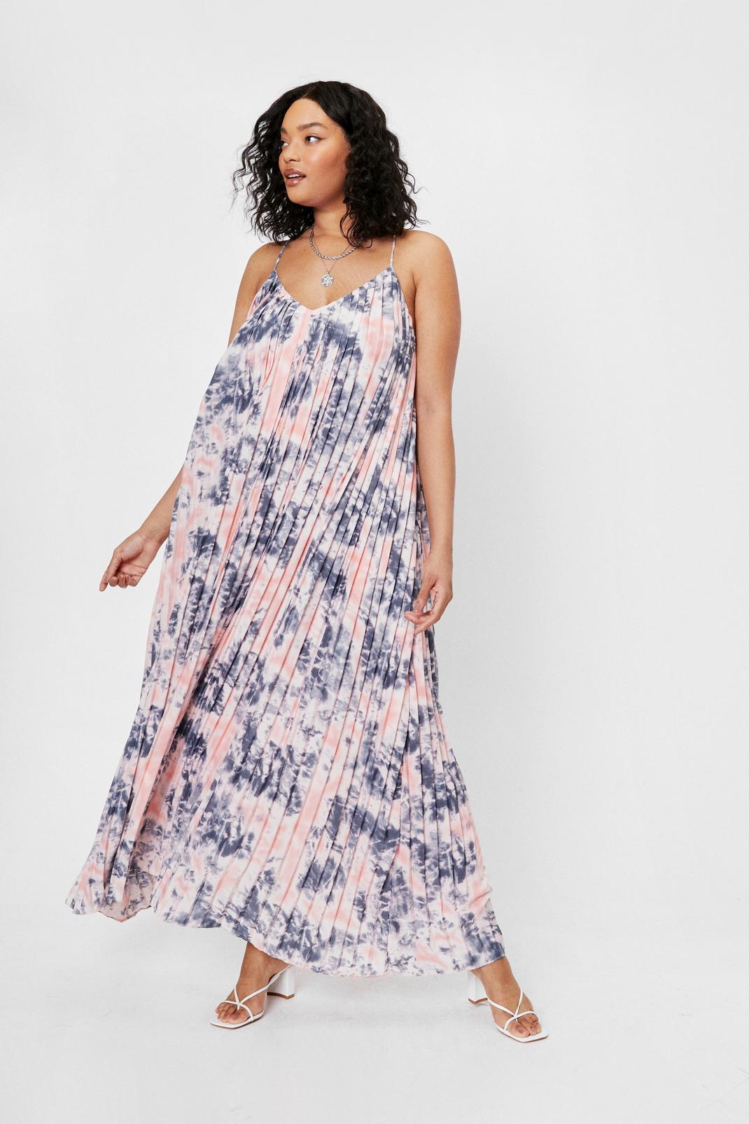 Pink Plus Size Tie Dye Pleated Maxi Dress image number 1