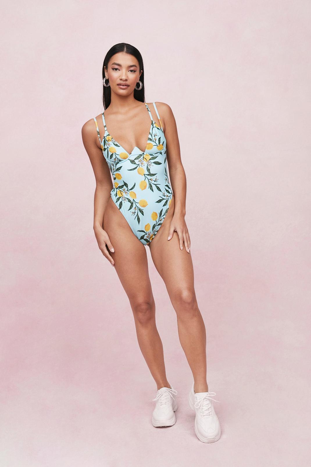 Blue Underwired Cupped Lemon Print High Leg Swimsuit image number 1