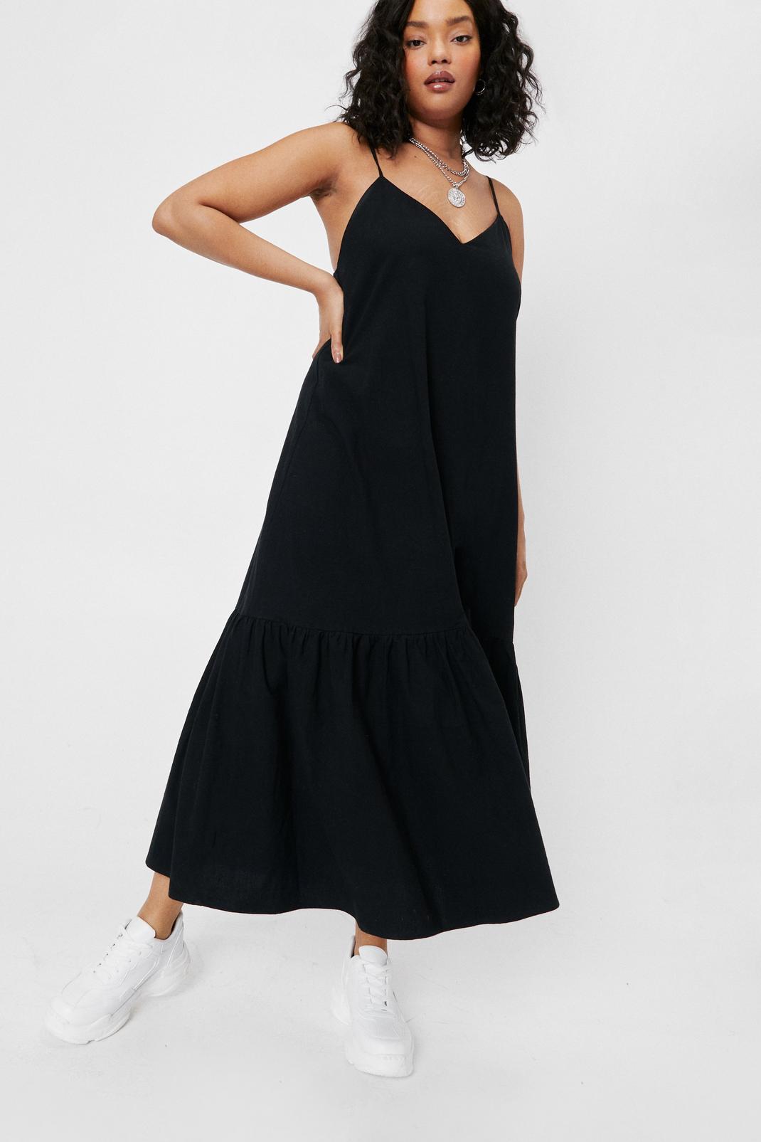 Black Plus Size Strappy Drop Hem Linen Look Maxi Dress image number 1