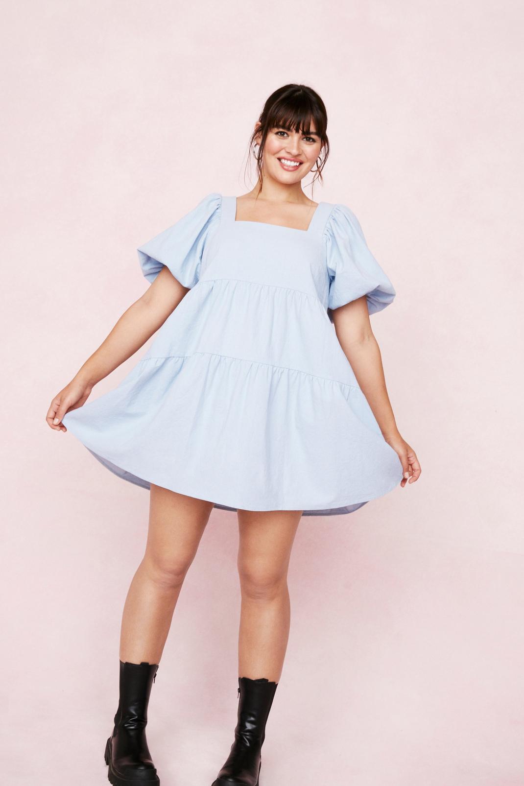 Blue Plus Size Puff Sleeve Square Neck Mini Dress image number 1