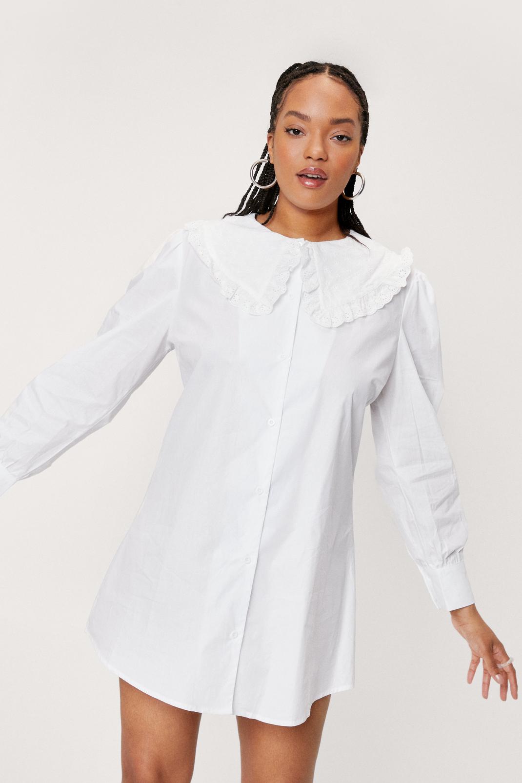 White Plus Size Broderie Anglais Collar Shirt Dress image number 1