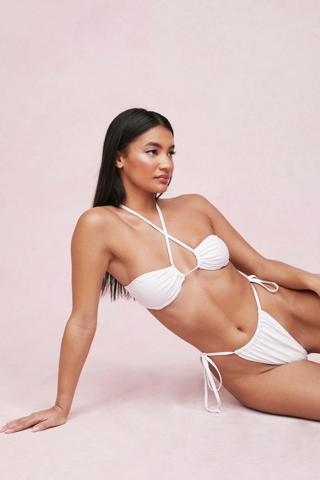 White Bandeau Ruched Strappy Tie Bikini Set image number 1
