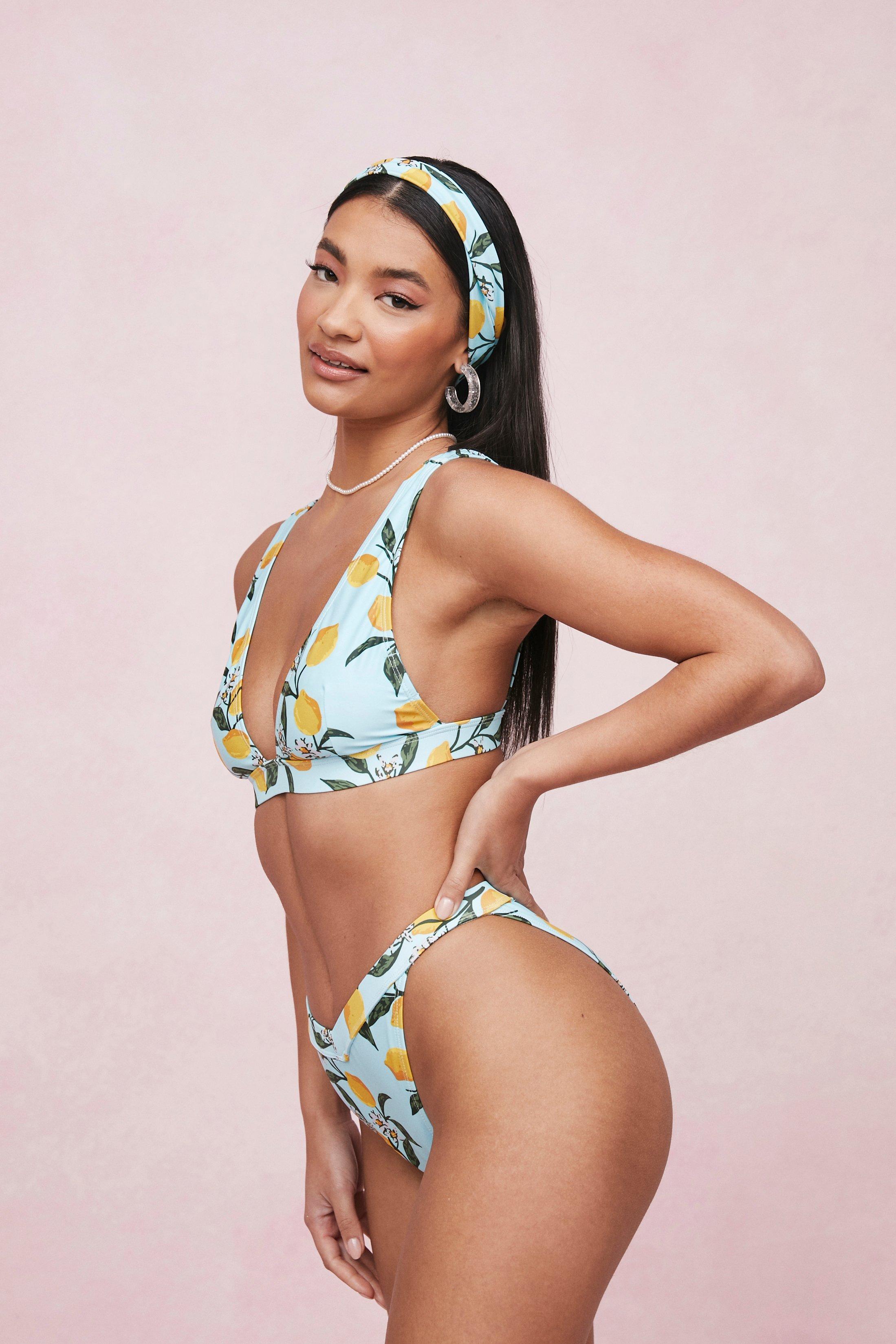 Lemon Print 3 Pc V Neck Bikini and Headband Set