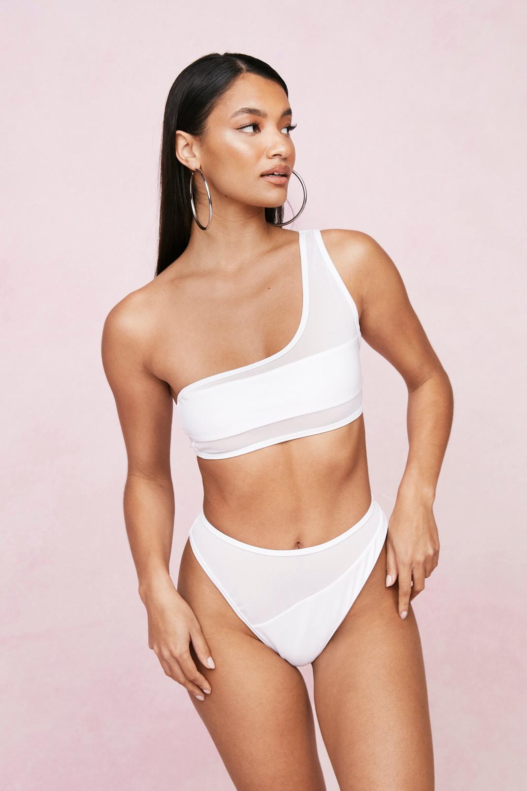 Bikini haut asymétrique en mesh & bas taille haute, White image number 1