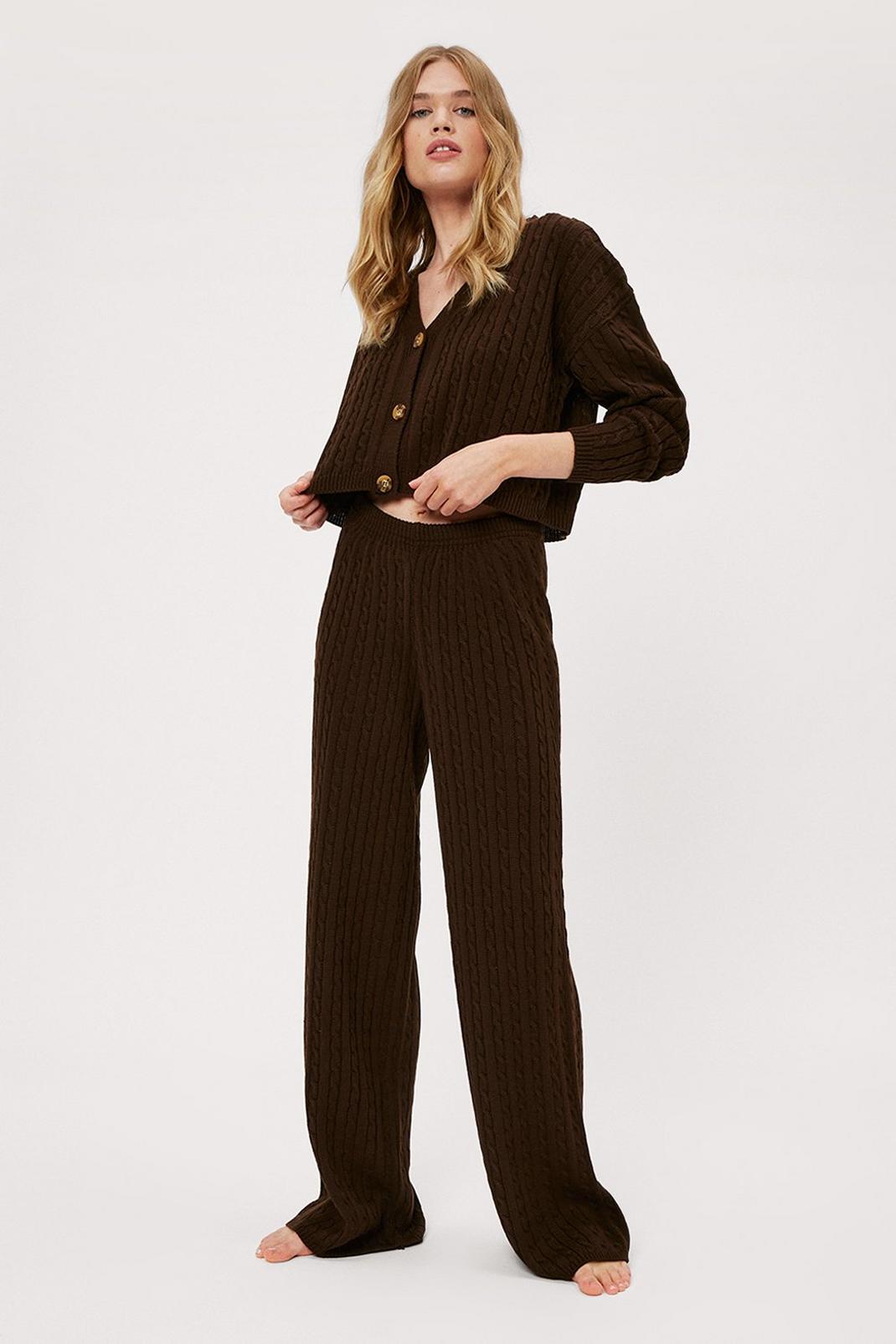 Chocolate Cable Knit Wide Leg Pants Loungewear Set image number 1