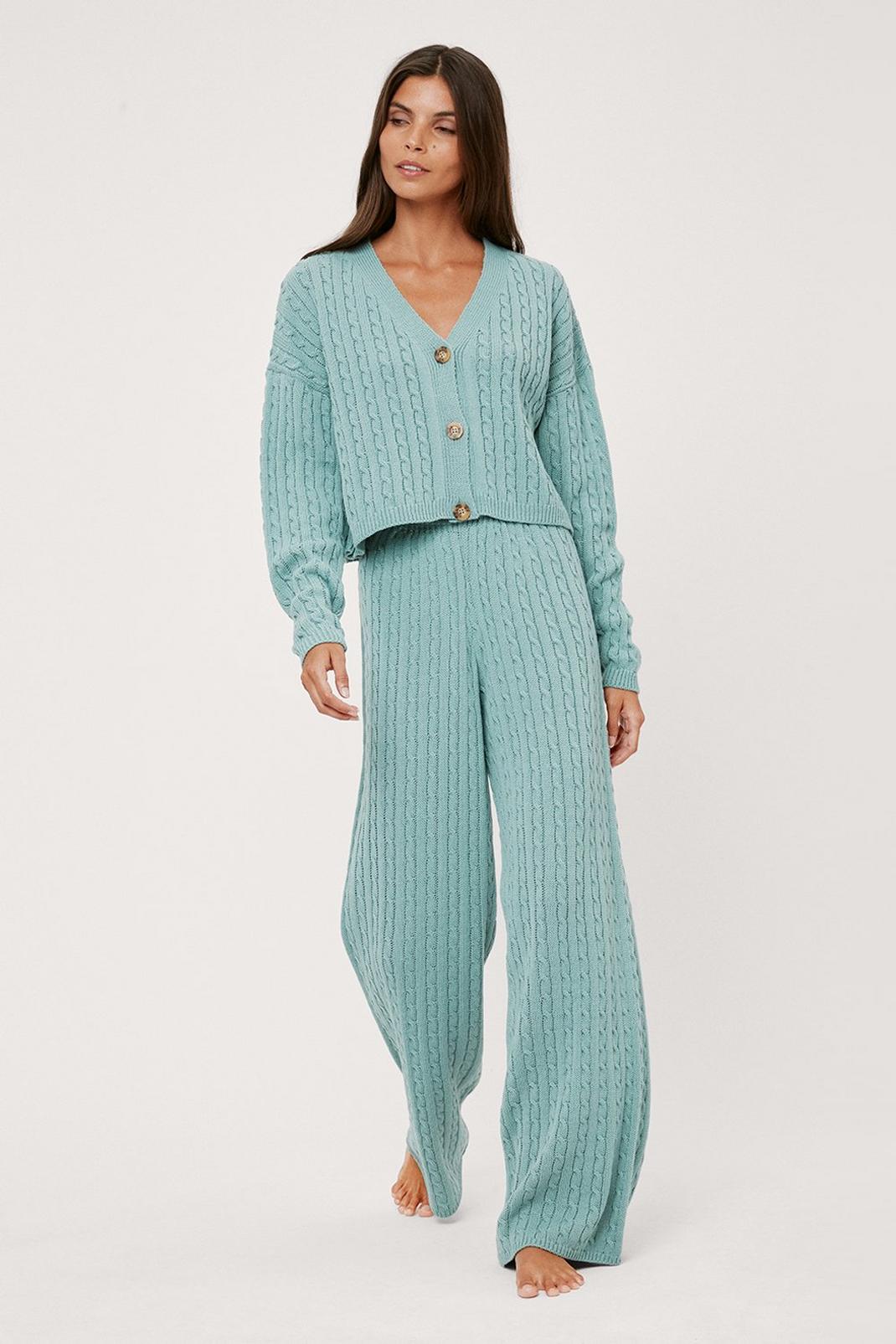 Green Cable Knit Wide Leg Pants Loungewear Set image number 1