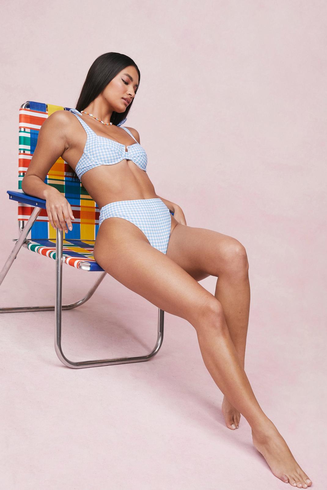 Blue Gingham Print 3 Pc Bikini and Scrunchie Set image number 1