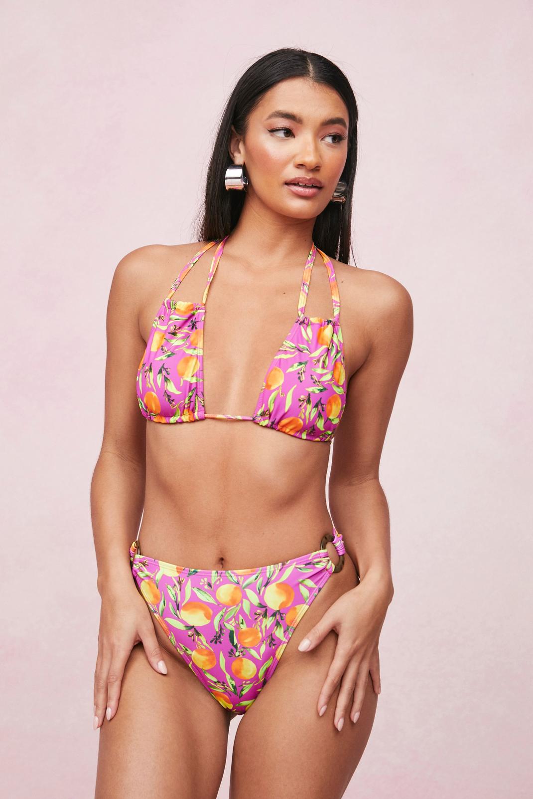Fuchsia Orange Print Strappy Triangle Bikini Set image number 1