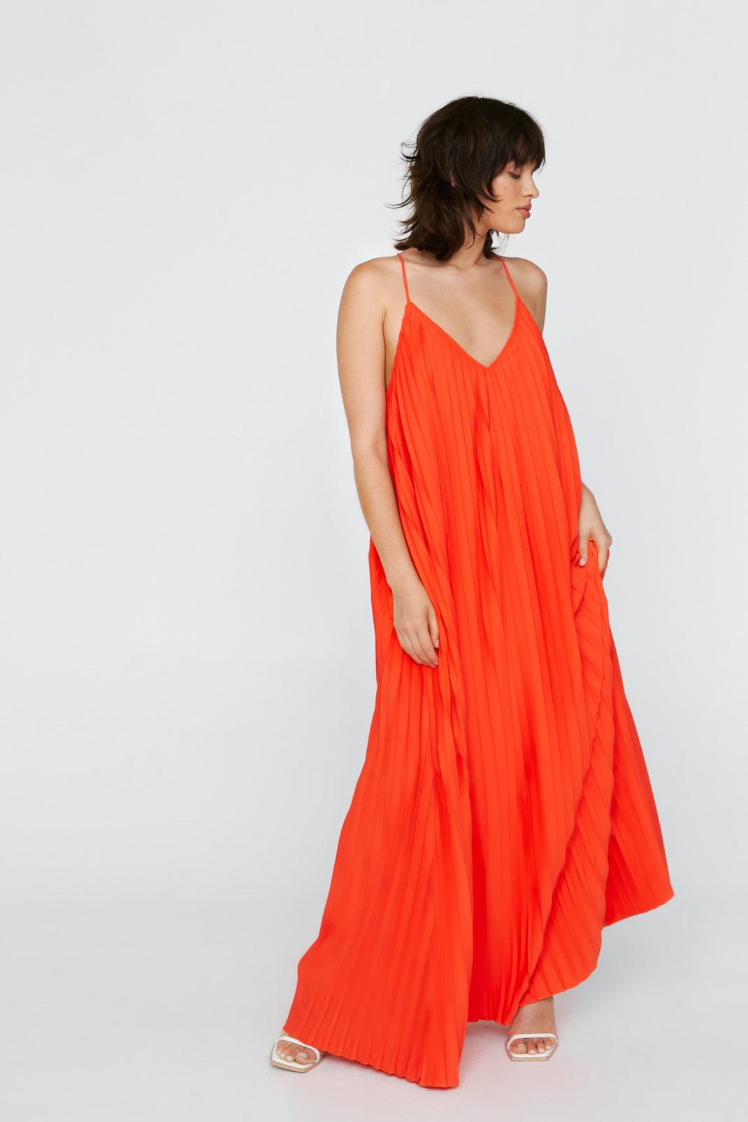 Orange Petite Pleated Strappy Maxi Dress image number 1