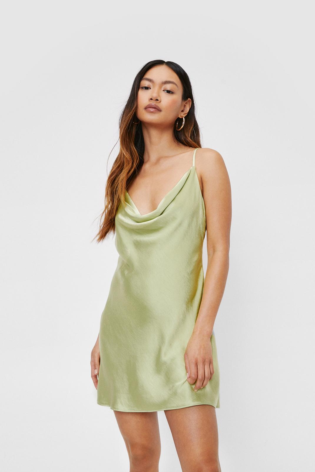 Green Petite Cowl Neck Satin Mini Slip Dress image number 1