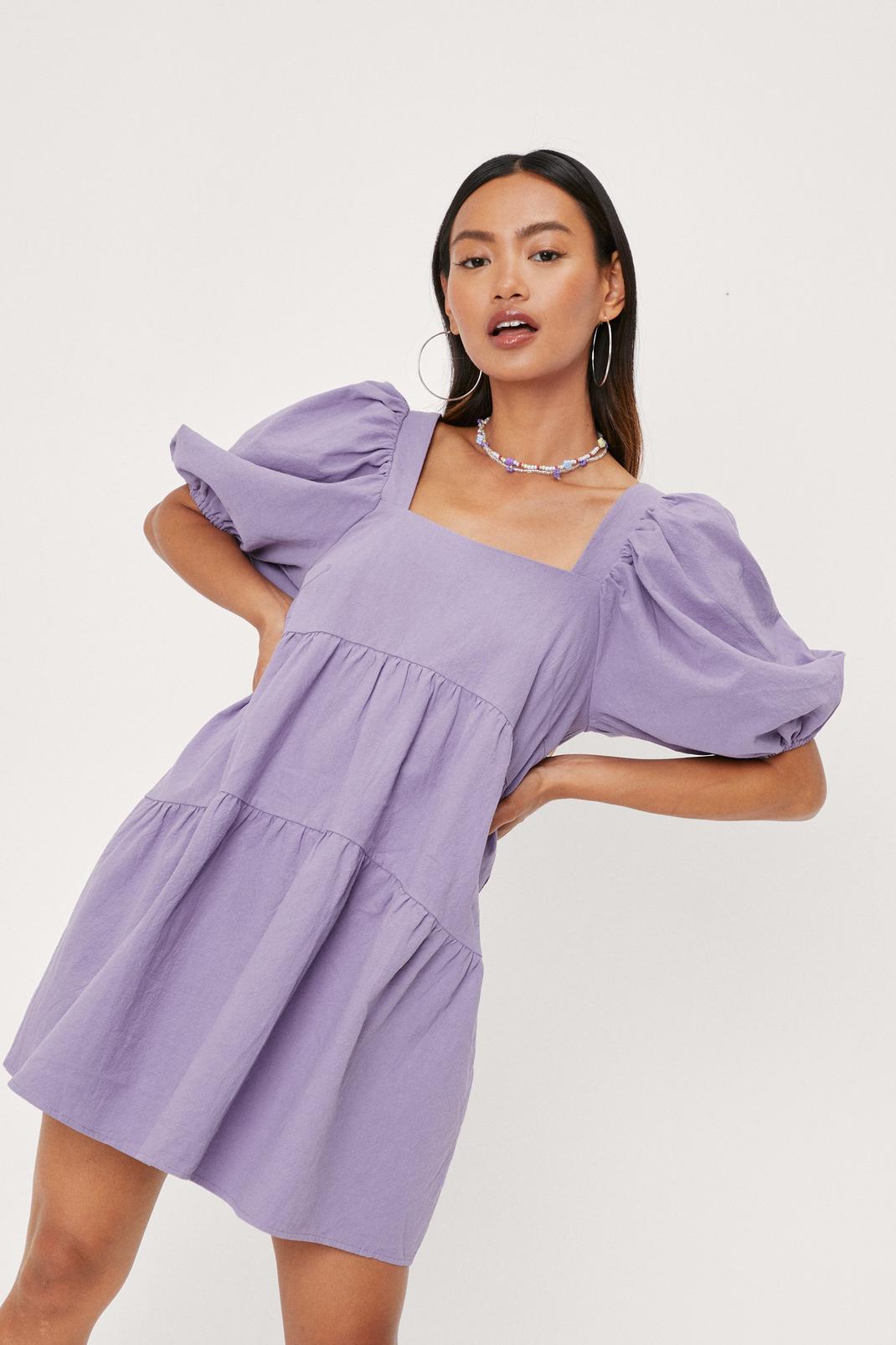 Lilac Petite Puff Sleeve Tiered Smock Mini Dress image number 1