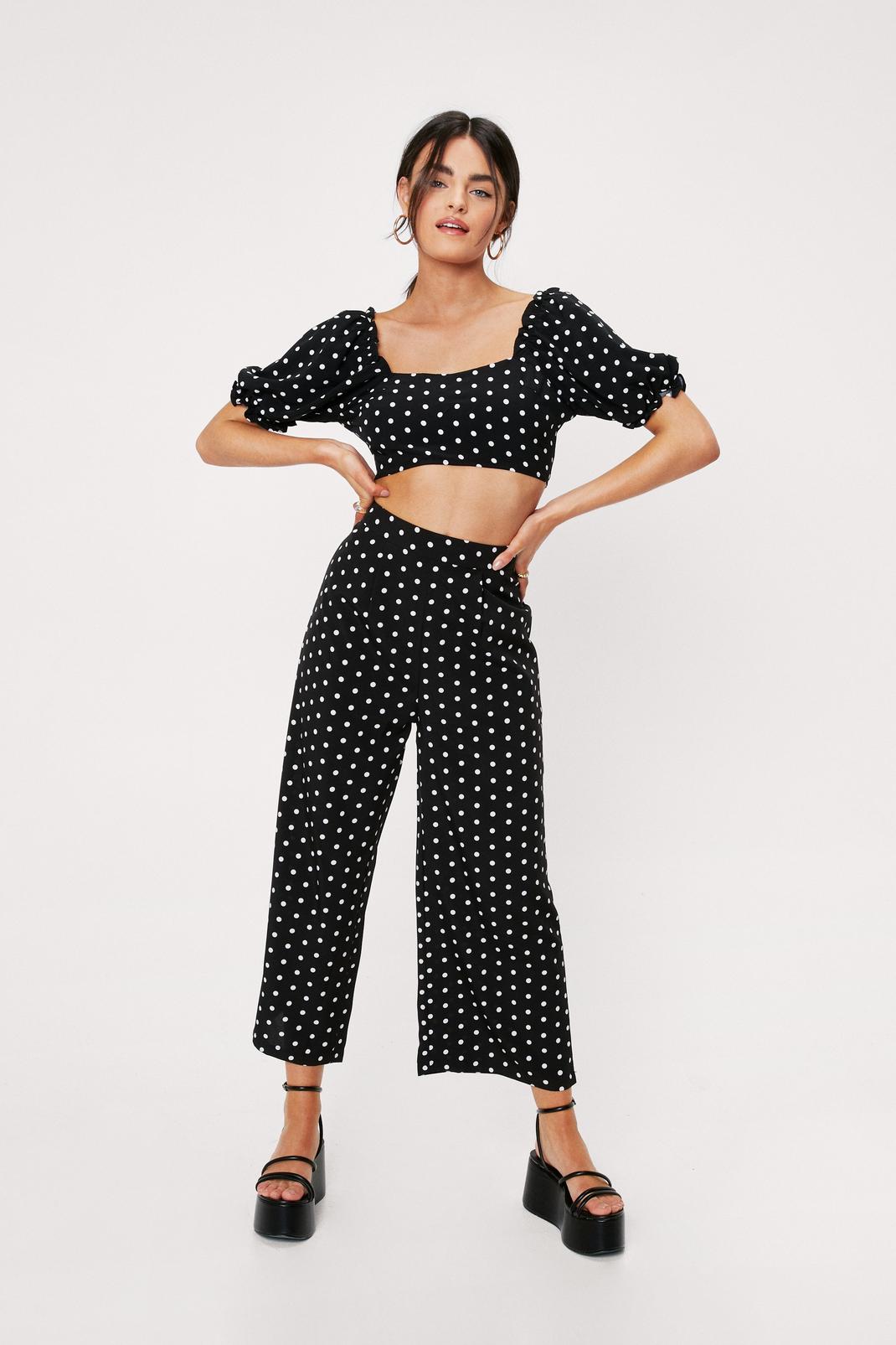 Black Polka Dot Print High Waisted Culotte Trousers image number 1