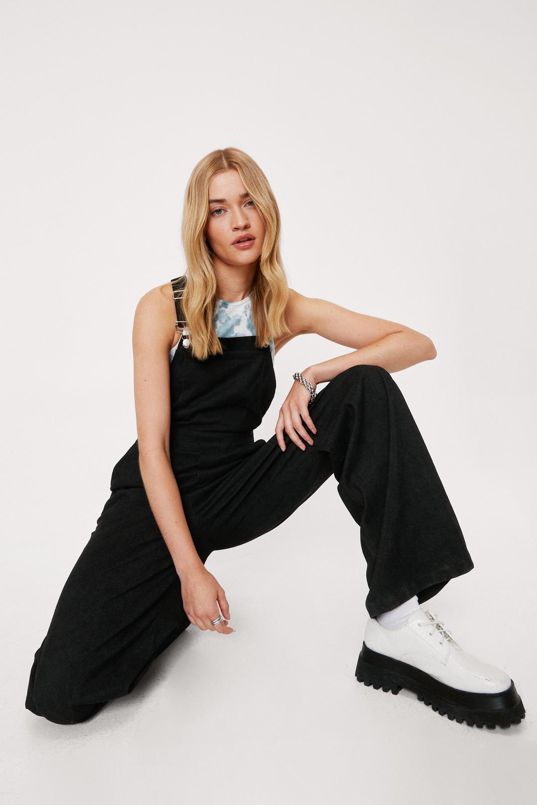 Black Corduroy Relaxed Wide Leg Dungarees image number 1