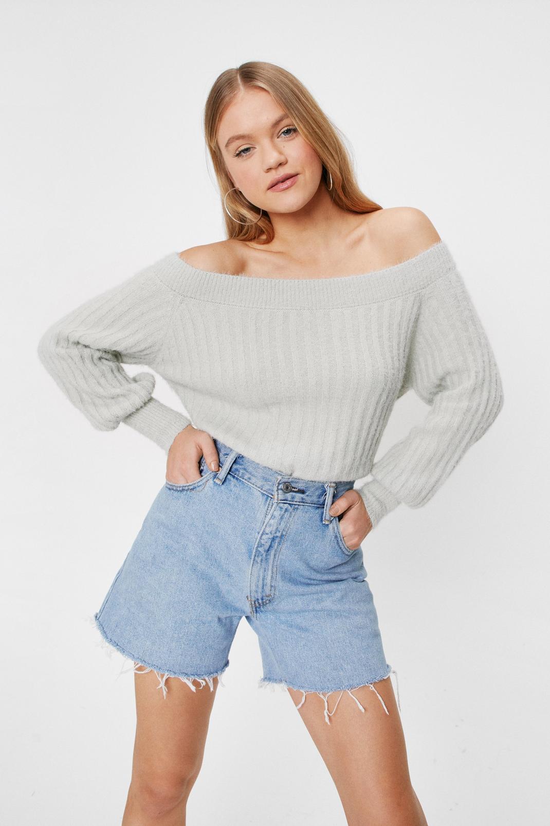 Peppermint Off the Shoulder Balloon Sleeve Knit Jumper image number 1