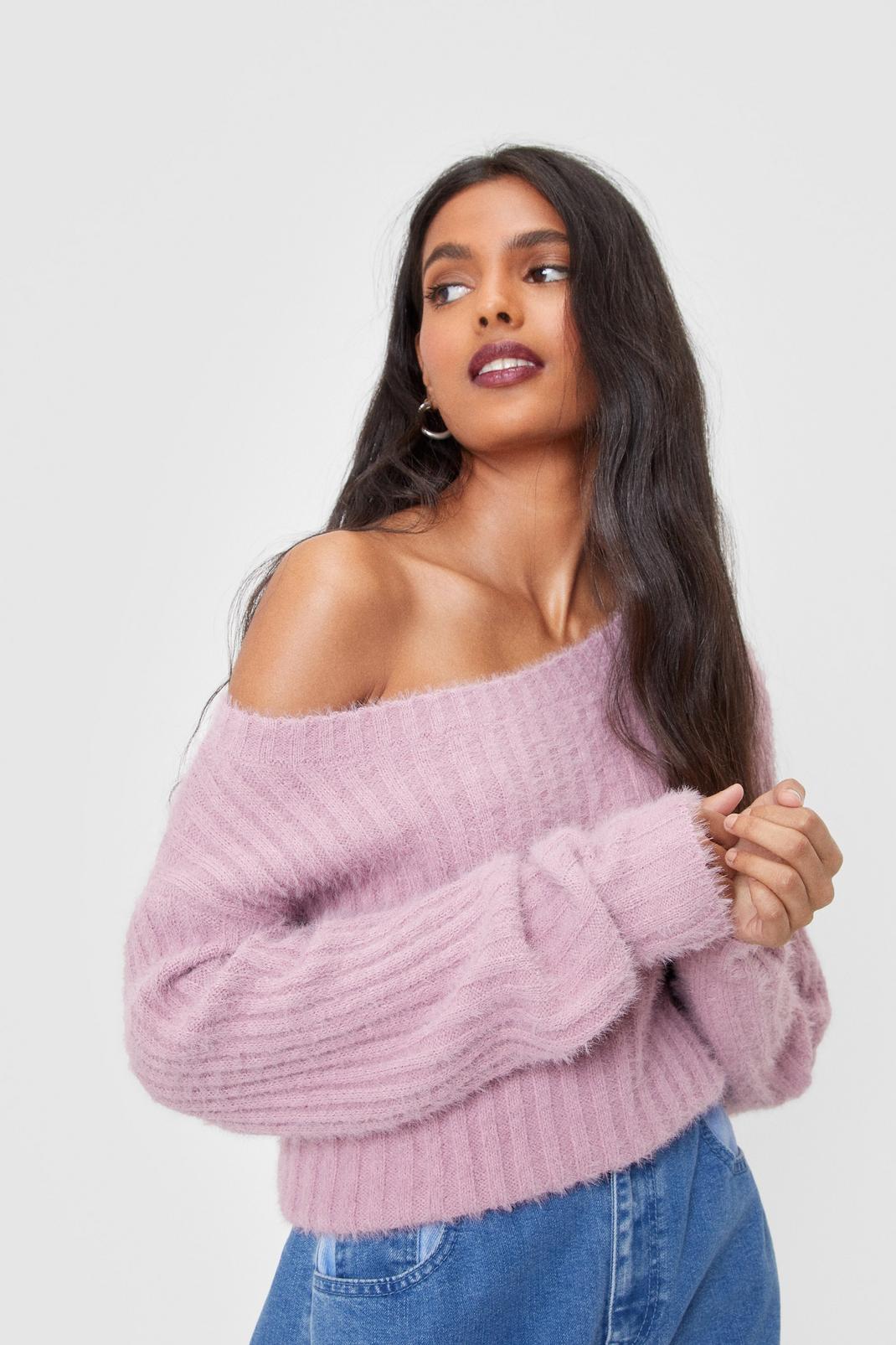 Lilac Fluffy Knit Off the Shoulder Sweater image number 1