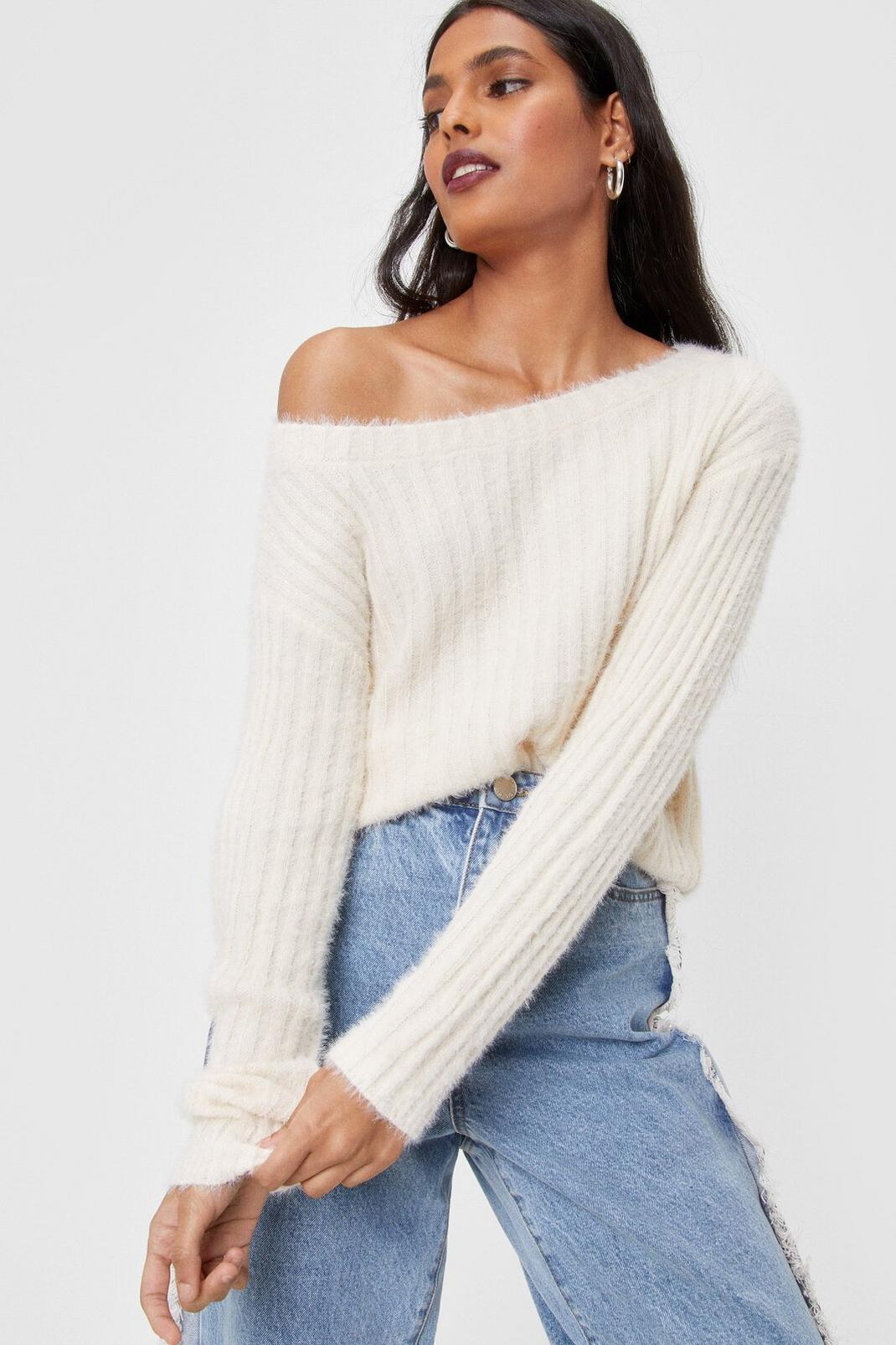 White Fluffy Knit Off the Shoulder Sweater image number 1